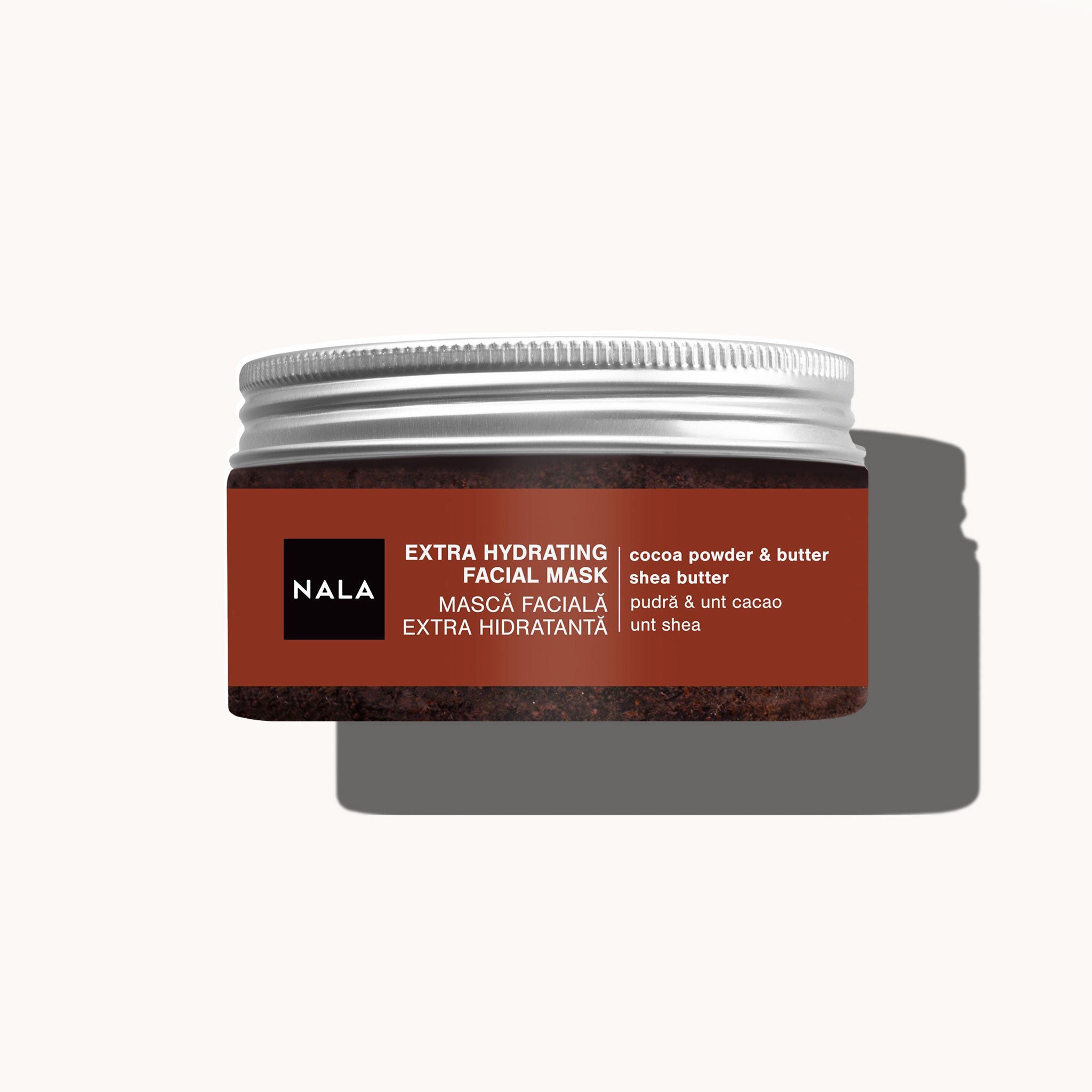A jar of NALA brand extra hydrating face mask with cocoa butter and powder and shea butter, recommended for all skin types.
