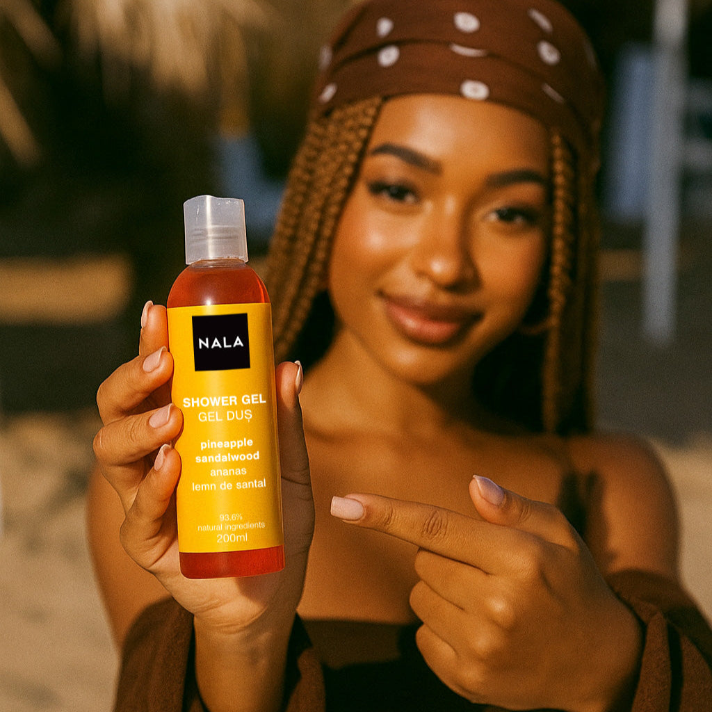 Woman holding and pointing to a NALA shower gel bottle outdoors.